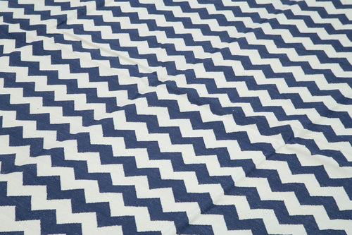 Handmade Area Rug - Blue Geometric Cotton Wool Rug 10'x13'9'' Durable & Soft