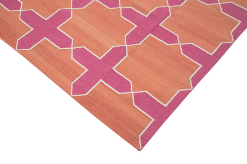 Handmade Area Rug - Pink Geometric Cotton Wool Rug 10'1" x 13'9" Durable Soft Carpet