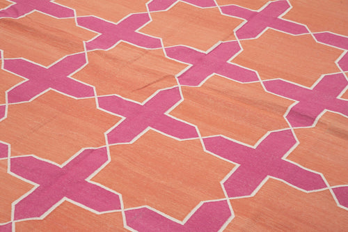 Handmade Area Rug - Pink Geometric Cotton Wool Rug 10'1" x 13'9" Durable Soft Carpet
