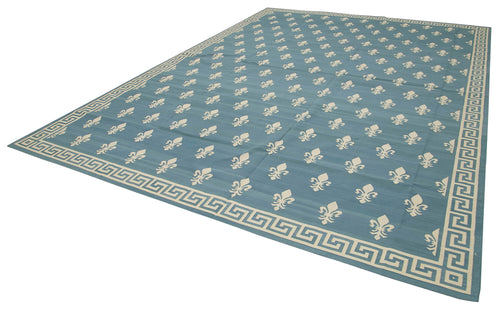 Handmade Area Rug - Blue Geometric Cotton Wool Rug, Durable Turkish Wool Carpet 10'2"x14'0"
