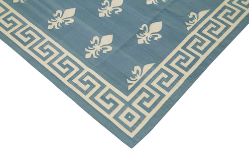 Handmade Area Rug - Blue Geometric Cotton Wool Rug, Durable Turkish Wool Carpet 10'2"x14'0"
