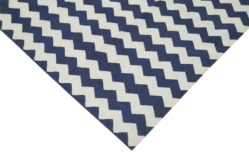 Handmade Area Rug - Blue Geometric Cotton Wool Carpet 9'11" x 13'10" Durable Soft Natural Fibers