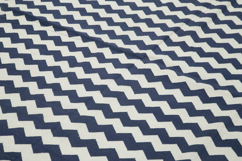 Handmade Area Rug - Blue Geometric Cotton Wool Carpet 9'11" x 13'10" Durable Soft Natural Fibers