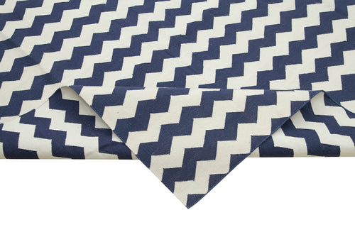 Handmade Area Rug - Blue Geometric Cotton Wool Carpet 9'11" x 13'10" Durable Soft Natural Fibers