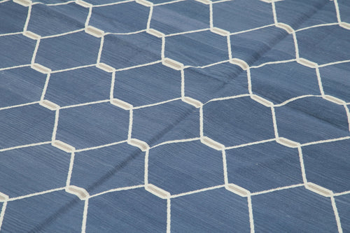 Handmade Area Rug - Blue Geometric Cotton Wool Turkish Handwoven Carpet 9'11" x 13'11"