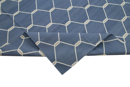 Handmade Area Rug - Blue Geometric Cotton Wool Turkish Handwoven Carpet 9'11" x 13'11"