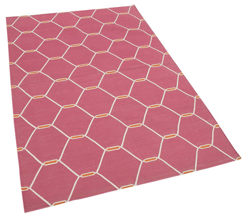 Handmade Area Rug - Pink Geometric Cotton Wool Vintage Decorative Carpet 3'7"x5'8"