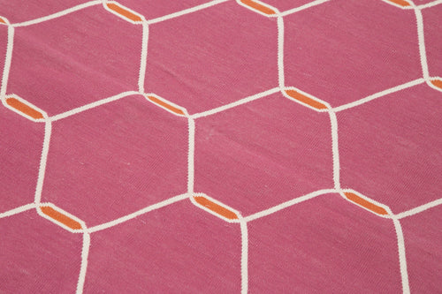 Handmade Area Rug - Pink Geometric Cotton Wool Vintage Decorative Carpet 3'7"x5'8"