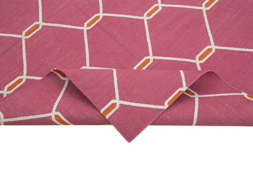 Handmade Area Rug – Pink Geometric Cotton Wool Vintage Turkish Carpet 3'6''x5'5''