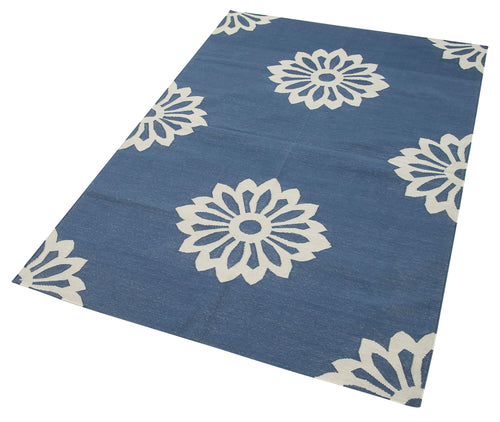 Handmade Area Rug - Blue Geometric Cotton Wool Vintage Handwoven Carpet 3'7"x5'5"