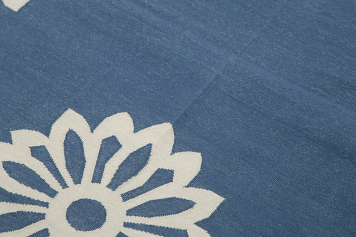 Handmade Area Rug - Blue Geometric Cotton Wool Vintage Handwoven Carpet 3'7"x5'5"