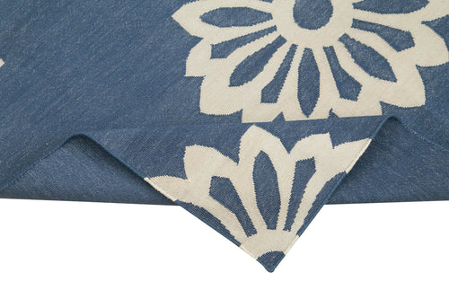 Handmade Area Rug - Blue Geometric Cotton Wool Vintage Handwoven Carpet 3'7"x5'5"