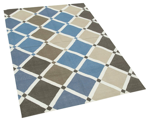 Geometric Duri Blue Geometric Cotton Wool Handmade Area Rug 3'6'' x 5'3''