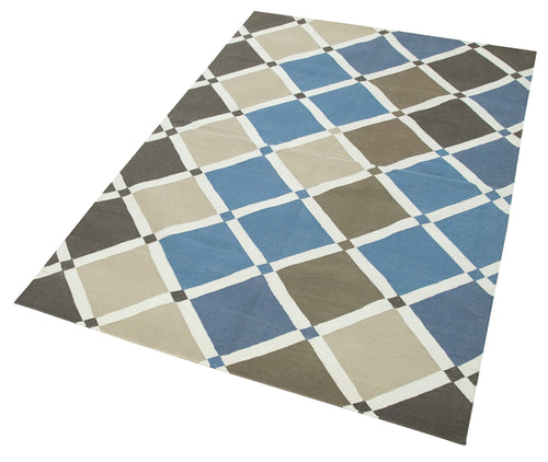 Geometric Duri Blue Geometric Cotton Wool Handmade Area Rug 3'6'' x 5'3''