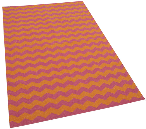 Handmade Area Rug - Orange Geometric Pattern Cotton Wool 3x5 Feet Vintage Turkish Carpet