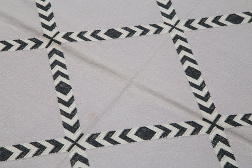 Handmade Area Rug - Grey Geometric Cotton Wool Vintage Hand Woven Carpet 3'6"x4'11"