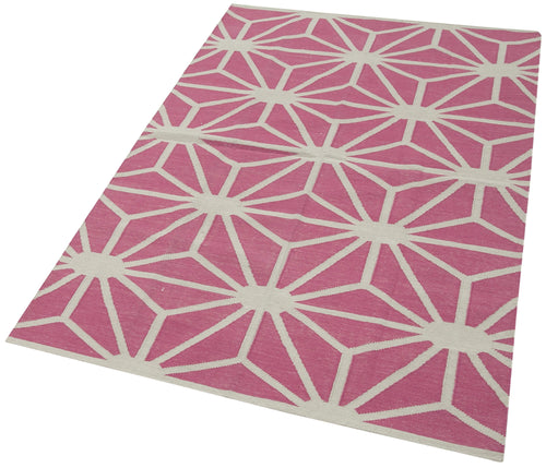 Duri Pink Geometric Cotton Wool Handmade Area Rug 3'7'' x 5'5''