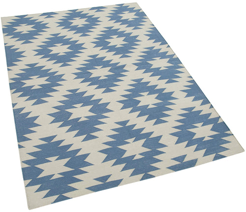 Handmade Area Rug – Blue Geometric Cotton Wool Rug, Durable & Soft 3'8''x5'5''