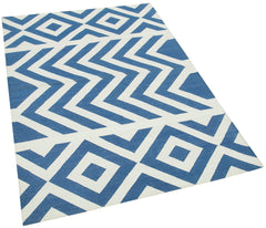 Handmade Area Rug – Blue Geometric Cotton Wool Turkish Carpet 3'7''x5'5''