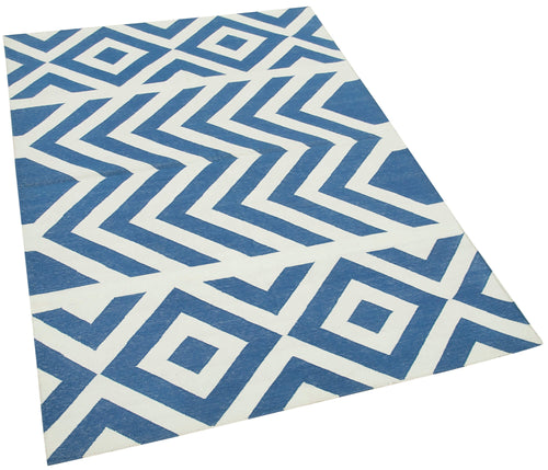 Handmade Area Rug – Blue Geometric Cotton Wool Turkish Carpet 3'7''x5'5''