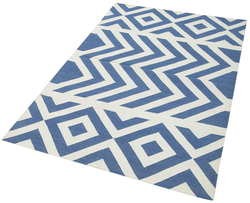 Handmade Area Rug – Blue Geometric Cotton Wool Turkish Carpet 3'7''x5'5''