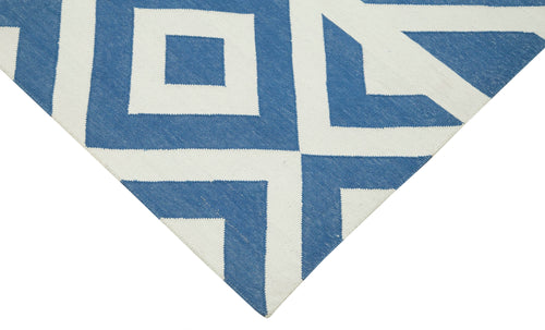 Handmade Area Rug – Blue Geometric Cotton Wool Turkish Carpet 3'7''x5'5''