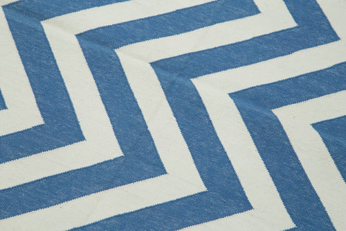 Handmade Area Rug – Blue Geometric Cotton Wool Turkish Carpet 3'7''x5'5''