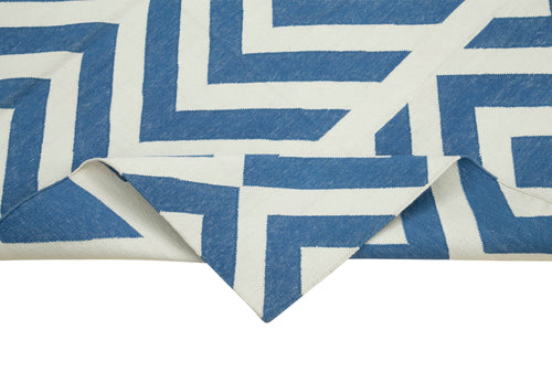 Handmade Area Rug – Blue Geometric Cotton Wool Turkish Carpet 3'7''x5'5''