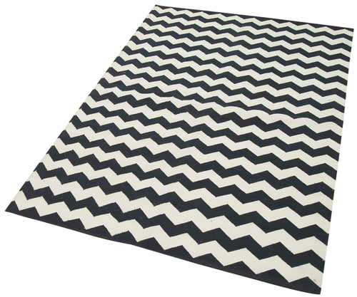 Duri Black White Geometric Cotton Wool Handmade Area Rug 3'7'' x 5'4''