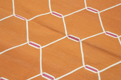Handmade Area Rug – Orange Geometric Cotton Wool Turkish Vintage Carpet 3'8''x5'7''