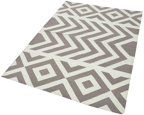 Handmade Area Rug - Brown Geometric Cotton Wool Rug 3'9'' x 5'6'' | Durable Soft Textured