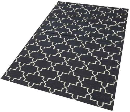 Handmade Area Rug - Black Geometric Cotton Wool Vintage Turkish Carpet 3'6"x5'7"