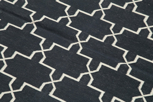 Handmade Area Rug - Black Geometric Cotton Wool Vintage Turkish Carpet 3'6"x5'7"