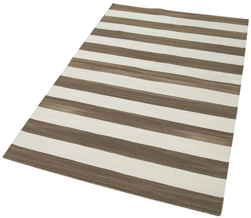 Handmade Area Rug – Geometric Brown Cotton Wool Vintage Handwoven Carpet 3'6''x5'5''