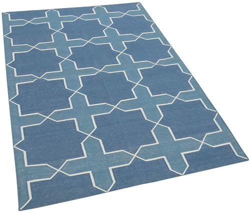 Handmade Area Rug - Blue Geometric Cotton Wool Turkish Vintage Carpet 3'8''x5'6''