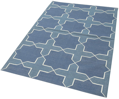 Handmade Area Rug - Blue Geometric Cotton Wool Turkish Vintage Carpet 3'8''x5'6''