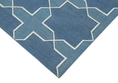 Handmade Area Rug - Blue Geometric Cotton Wool Turkish Vintage Carpet 3'8''x5'6''
