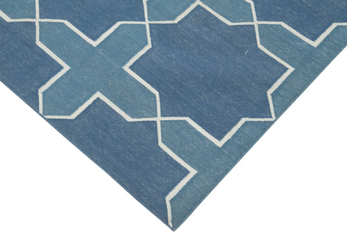 Handmade Area Rug - Blue Geometric Cotton Wool Turkish Vintage Carpet 3'8''x5'6''