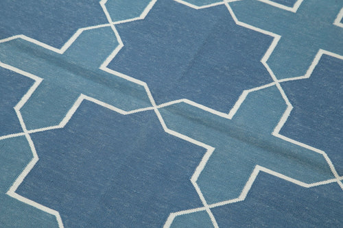Handmade Area Rug - Blue Geometric Cotton Wool Turkish Vintage Carpet 3'8''x5'6''