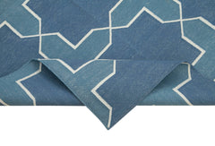 Handmade Area Rug - Blue Geometric Cotton Wool Turkish Vintage Carpet 3'8''x5'6''