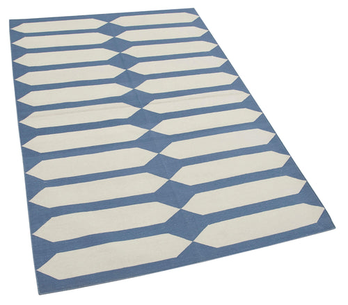 Handmade Area Rug - Blue Geometric Cotton Wool Durable Turkish Vintage Carpet 3'7"x5'7"