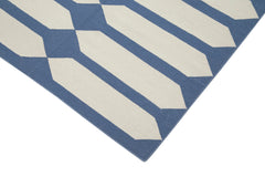 Handmade Area Rug - Blue Geometric Cotton Wool Durable Turkish Vintage Carpet 3'7"x5'7"