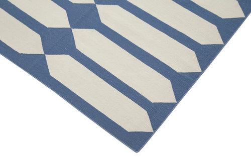Handmade Area Rug - Blue Geometric Cotton Wool Durable Turkish Vintage Carpet 3'7"x5'7"