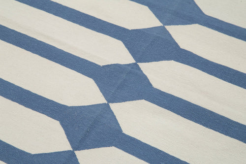 Handmade Area Rug - Blue Geometric Cotton Wool Durable Turkish Vintage Carpet 3'7"x5'7"