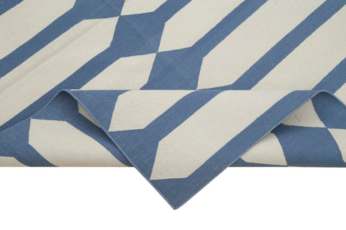 Handmade Area Rug - Blue Geometric Cotton Wool Durable Turkish Vintage Carpet 3'7"x5'7"