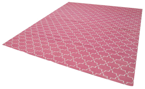 Handmade Area Rug - Pink Geometric Cotton Wool Rug 8'1'' x 9'9'' | Vintage Turkish Carpet