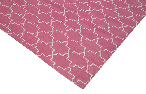 Handmade Area Rug - Pink Geometric Cotton Wool Rug 8'1'' x 9'9'' | Vintage Turkish Carpet