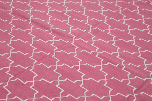 Handmade Area Rug - Pink Geometric Cotton Wool Rug 8'1'' x 9'9'' | Vintage Turkish Carpet