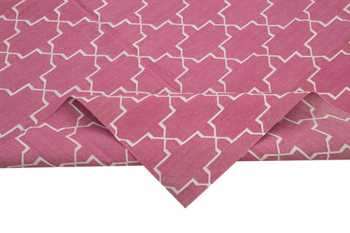 Handmade Area Rug - Pink Geometric Cotton Wool Rug 8'1'' x 9'9'' | Vintage Turkish Carpet