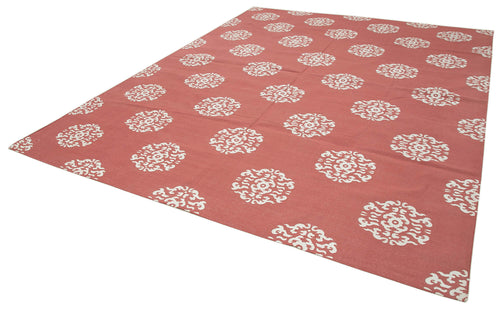Handmade Area Rug - Red Geometric Cotton Wool Carpet 9'1'' x 11'7'' | Durable Hand Knotted Rug